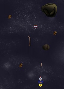 A screenshot for the team's mobile space shooter, Spudnik