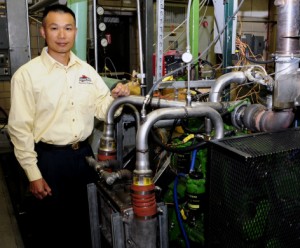 Iowa State's Song-Charng Kong uses this campus engine lab and computer modeling to study and improve internal-combustion engines. Photo by Bob Elbert.