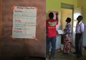 Christian Miller (red) makes a list of instructions (left) for properly using storing grains in the used food containers. Photos by Richard Schultz.