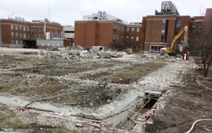 March 23: Former Davidson Hall site, looking east toward Gilman (right) and Spedding (left) halls.