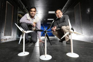 Iowa State aerospace engineers, left to right, Anupam Sharma and Hui Hu are working to improve the performance of wind turbines and wind farms.  (Photo by Christopher Gannon.)