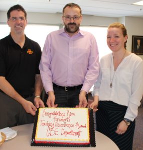 Kiva Forsmark (right) celebrates her Teaching Excellence Award with Chemical and Biological Engineering Department Chair Dr. Andy Hillier (left) and Dr. Jean-Philippe Tessonnier, who nominated her for the award. 