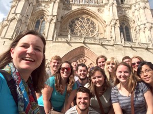 Dr. Stephanie Loveland and the Oviedo summer lab students in front of the historic Burgos Cathedral