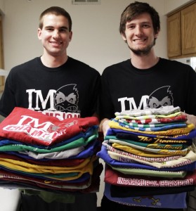 Ryan Jennings, left, senior in mechanical engineering, and Nick McLaren, senior in computer engineering, collectively claim 44 ISU intramural championship titles. McLaren has 23, and Jennings has 21. Their titles include an intramural T-shirt for every win. (Photo courtesy of Kelby Wingert with the Iowa State Daily)