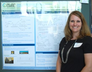 Sarah Curry, a high school teacher from Olathe, KS, displays her research poster at the end of the seven-week RET program. She was mentored by CBE's Dr. Jean-Phillippe Tessonier