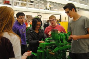 Undergraduate students work in ABE 110 - Diesel Engine Lab
