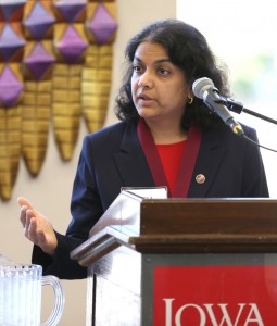 Mallapragada addresses attendees during the Carol's Chair medallion ceremony. (Photo by Christopher Gannon/Iowa State University)