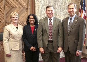 From left, Dean of the College of Engineering Sarah Rajala, CBE Professor Surya Mallapragada, Carol's Chair donor Jack R. Johnson and University Senior Vice President and Provost Jonathan A. Wickert are shown at the medallion ceremony. (Photo by Christopher Gannon/Iowa State University)