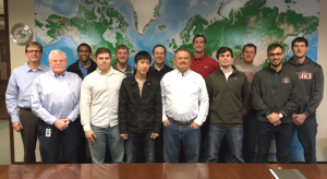 Students in an ISU Capstone project visited the St. Louis offices of Roeslein Alternative Energy LLC to collaborate with the company on technology to convert prairie grass to fuels and other useful products. Left to Right: Chris Roach (Roeslein), Hassan Loutfi (Roeslein), Ted Asrat, Nathan Steele, Andrew Hansen, Jajun Ryu, Tony Smith (Roeslein), Rudi Roeslein (Roeslein), Eric Bancks (Roeslein), Peter Batdorf, Daniel Carlson, Eric Mach, and Aric Hanson.