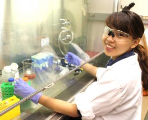 Phong Tran is shown busy in a lab during her summer BioMaP REU experience.