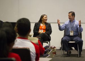 Ethics and Politics Panel discussion between Rebecca Szymkowski (front, left) and Michael Sanderson (By Tindall)