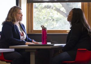 JoNette Kuhnau (left) and student conduct mock interview at ITE Summit (By Tindall)