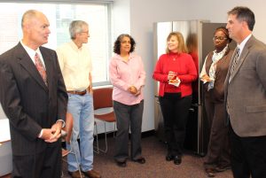 PACE award recipient Denny Vaughn (far left) talks with (left to right): emeritus professor Chuck Glatz; Dr. Surya Mallapragada; operations manager Michelle Stotts; program assistant Bellinda Hegelheimer; and chair Andy Hillier.