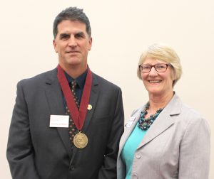 Reginald R. Baxter Endowed Department Chair in Chemical and Biological Engineering Dr. Andrew Hillier is shown with James L. and Katherine S. Melsa Dean of Engineering Dr. Sarah Rajala following his medallion ceremony. 