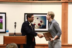 Lovig (right) receives Dean's Student Leadership Award from Sriram Sundararajan, associate dean for academic affairs in the College of Engineering (Photo courtesy CoE)