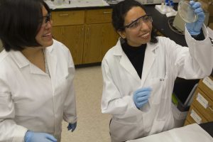 Both Ikuma (left) and Da'Er work with algae samples to develop cost-effective wastewater treatment systems.