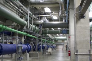 Pipe gallery of the treatment plant, where water is moved between processes.