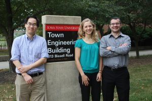 <i>(From left to right) </i> ISU researchers Benjamin Ahn (aerospace engineering), Kristen Cetin and Bora Cetin (both of civil, construction and environmental engineering) are working to develop better teaching methods to mirror the workings of engineering industry practices. <i> Photo by Kate Tindall. </i>