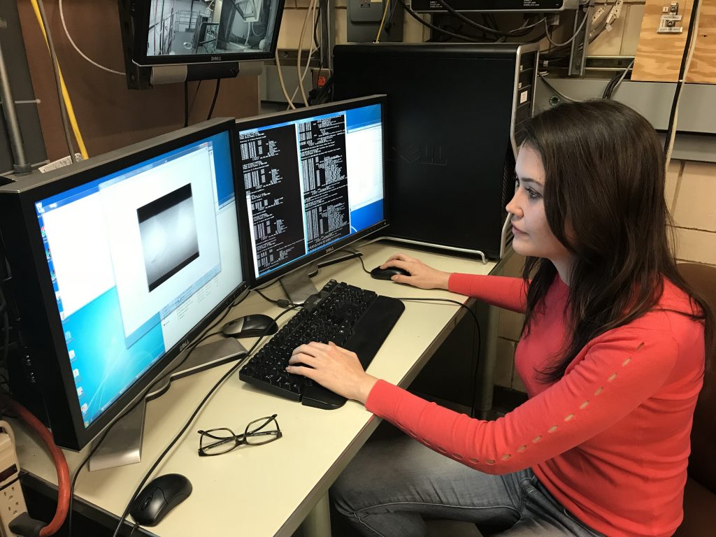 Mechanical engineering graduate student Julie Bothell works on a computer in the Experimental Multiphase Flow Laboratory