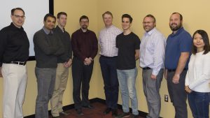 This team of faculty researchers, scientists and graduate student researchers will work on InterchangeSE for the next three years. Team members include: <i>(from left)</i> Eliot Winer, Anuj Sharma, Tor Finseth, Michael Dorneich, Stephen Gilbert, Nate Garland, Jonathan Claussen, Skylar Knickerbocker, and Tingting Huang. Not pictured: Jordan Williams. <i>Photo by Kate Tindall.</i>