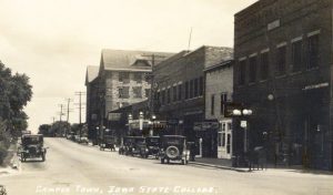 Campustown in 1928, with Cranford Apartments in the distant right side of Lincoln Way. <i>Ames Historical Society.</i>