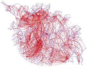 The blue lines show the network of transmission lines in the high-voltage power grid of Poland. The red lines connect transmission lines that tend to interact with each other when they go out, as computed by Professor Paul Hines of the University of Vermont in joint work with Iowa State University. The project will improve the red lines for an American power grid by accounting for near misses as well as actual outages.