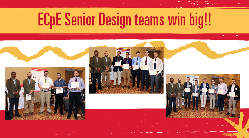 ECpE Senior Design teams win big: Image shows three teams of students who won first, second, and third place for the ECpE senior design project.