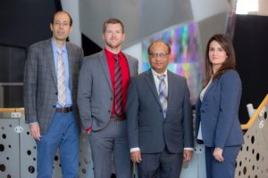 From left: Behrouz Shafei, assistant professor of civil, construction and environmental engineering, Jared Hobeck, assistant professor of mechanical engineering at Kansas State University, Partha Sarkar, professor of aerospace engineering, and Alice Alipour, assistant professor of civil, construction and environmental engineering and PI of the project