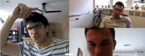 A screenshot of a Skype call between Subramaniam and collaborators Filippo Coletti, who is gesturing with his hands, Jesse Capecelatro and Dr. Aaron Lattanzi.