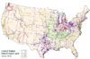 A map displays existing high voltage power transmission lines in the US