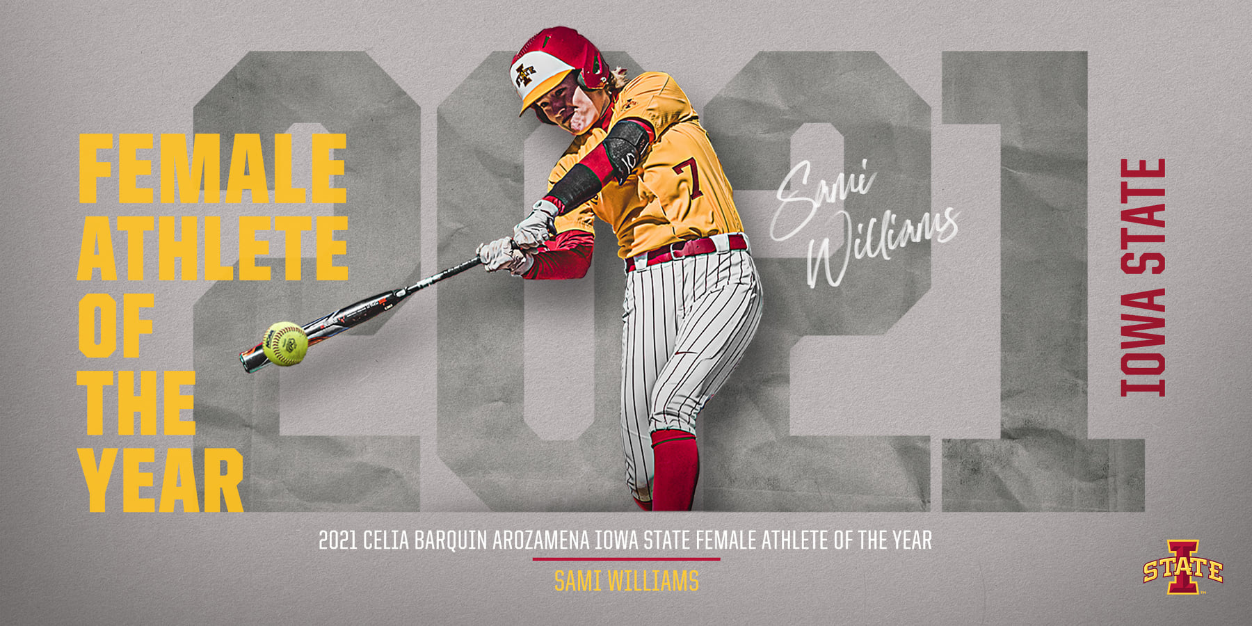 Image reads Female Athlete of the Year 2021, Sami Williams. Shows a photo of Sami Williams hitting a softball at a game.