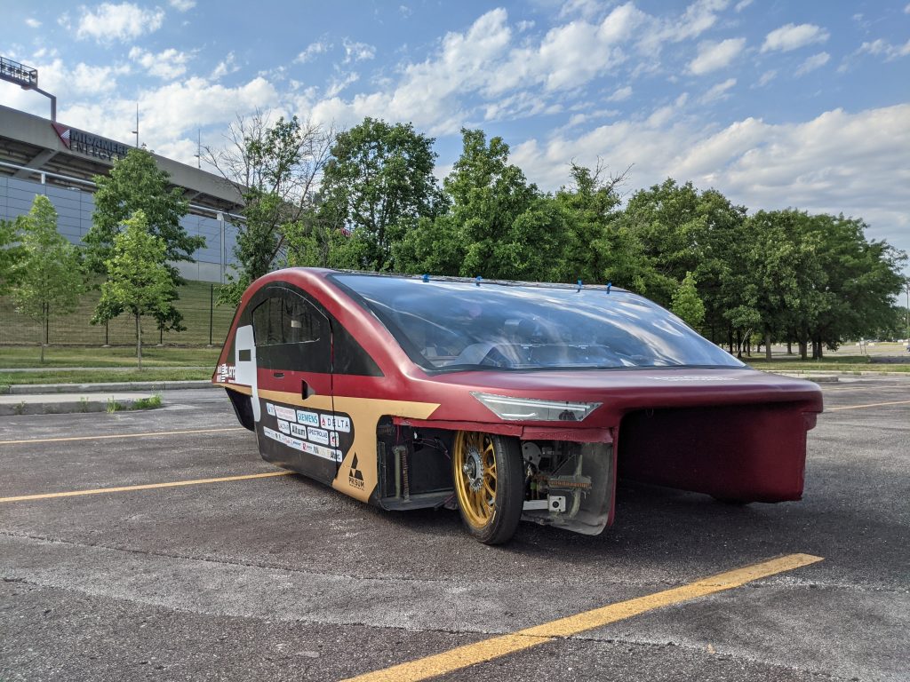 The solar car sits outside of Jack Trice Stadium.