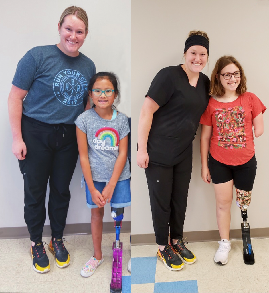 On left, Mechanical engineering student Jillian Dunn poses with Halle, a young lady from Alabama. Jillian is wearing a grey t-shirt and black pants, while Halle is wearing jean shorts and a grey t-shirt with a rainbow. On right, Mechanical engineering student Jillian Dunn poses with Serenity, a young lady from Ohio. Jillian is wearing all black, while Serenity is wearing black shorts and a red/orange t-shirt with a floral design.