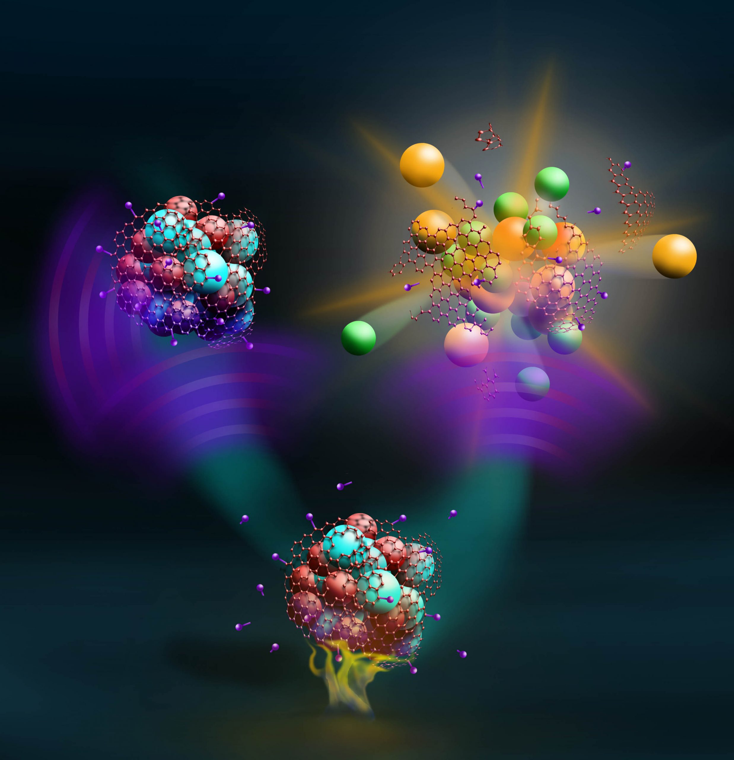 Illustration of three composite molecules, one of which appears to be exploding