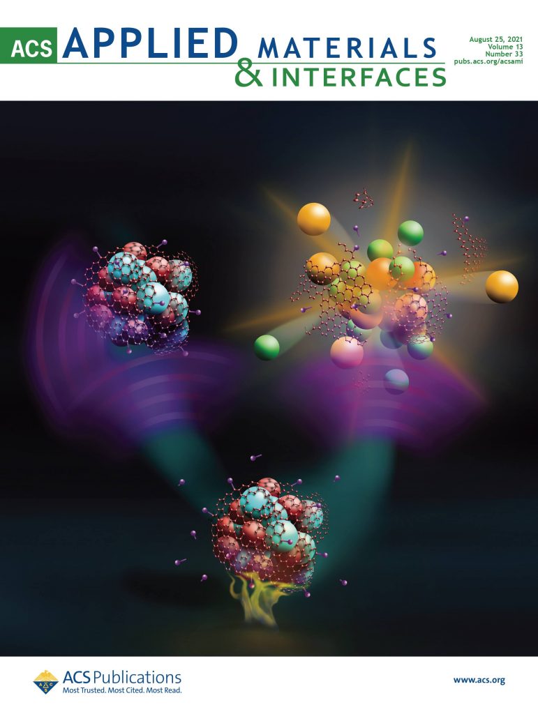 Journal cover with illustration showing three composite molecules, one of which is exploding