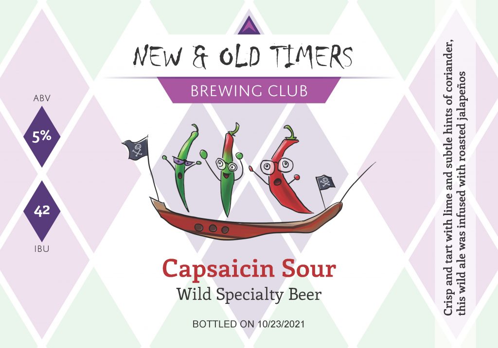 A color label for the beer brewed by a team of ISU researchers. The text reads: New & Old Timers Brewing Club - Capsaicin Sour Wild Specialist Beer. The label also includes artwork of three hot peppers riding on a pirate ship.