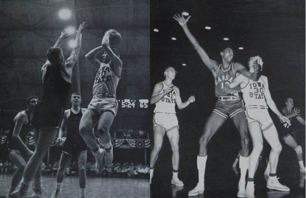 Two black and white photos of Iowa State basketball games from the 1950s.