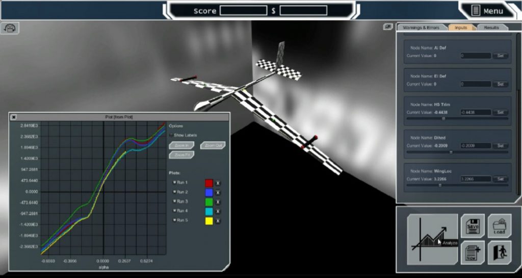 A 3D rendering of an airplane with line graph charting data about the plane.