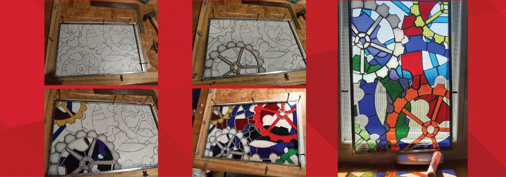 This shot depicts the various steps in the process in Schroeder creates one of her stained-glass artworks.