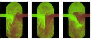 A diagram and imagery reflect the processes for mixing inside an impinging jet device