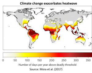 Map of the world showing the number of days that certain areas have been above the deadly threshold every year. Areas close to the equator are experiencing on average 300 days a year of deadly heatwaves