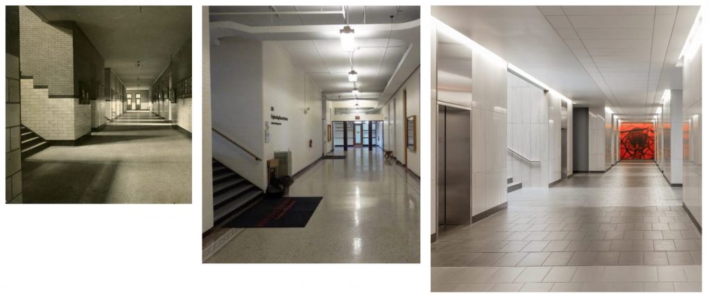 A shot of the same third floor Marston Hall hallway seeing during three different eras.
