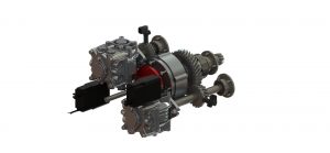 Photo of the gray and red transmission; a lot of gears and tools make up the rendering