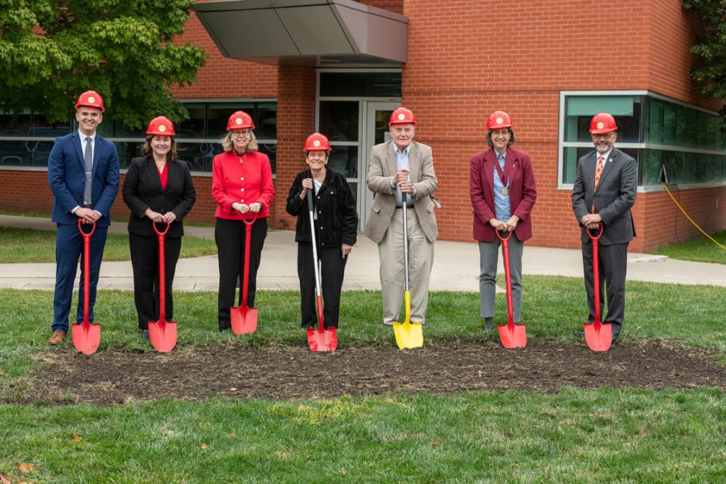 Ground-breaking ceremony group holding shovels including, Landon Getting, Larissa Holtmyer Jones, Wendy Wintersteen, Joyce A. McEwen Therkildsen,  C.G. “Turk” A. Therkildsen, Sarah Ryan, W. Samuel Easterling