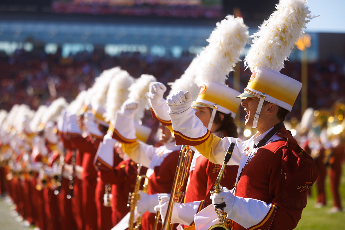 Band members lined up on the football field