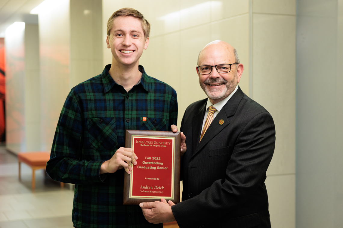 Andrew Deick, outstanding senior in software engineering, with W. Samuel Easterling, James L. and Katherine S. Melsa Dean of Engineering.