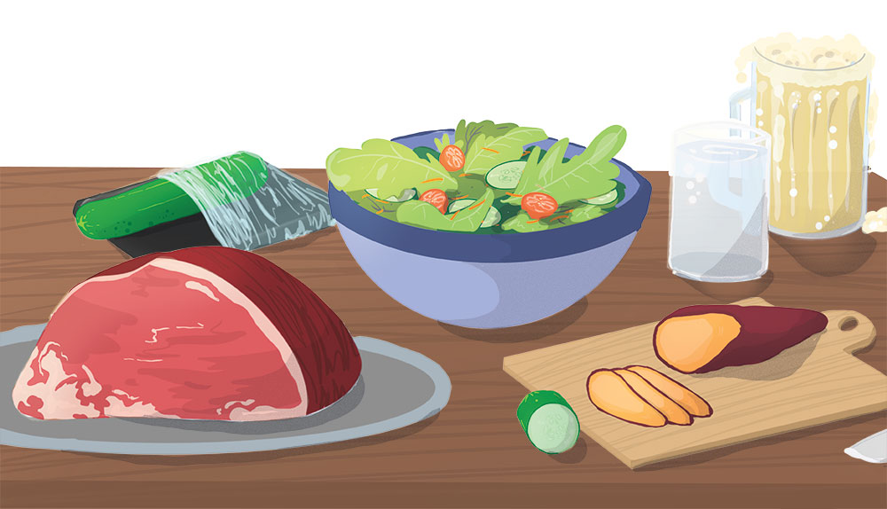 Illustration of a ham, a cucumber, a lettuce salad, a glass of water, a beer, and a slided sweet potato on a cutting board.