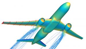 Airliner computer-produced graphic showing aerodynamic flow