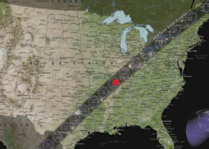 Map showing eclipse path and location of planned HABET balloon launch over southern Illinois