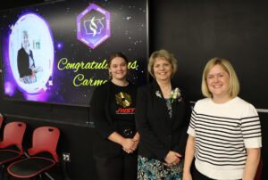 Carmen Fuchs, Iowa Space Grant Consortium Director Sara Nelson and ISGC program specialist Hailey Waller at retirement reception